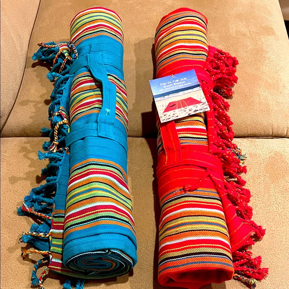 Fun in the Sun Colorful Striped Beach Blankets with Fringe. 100% cotton.